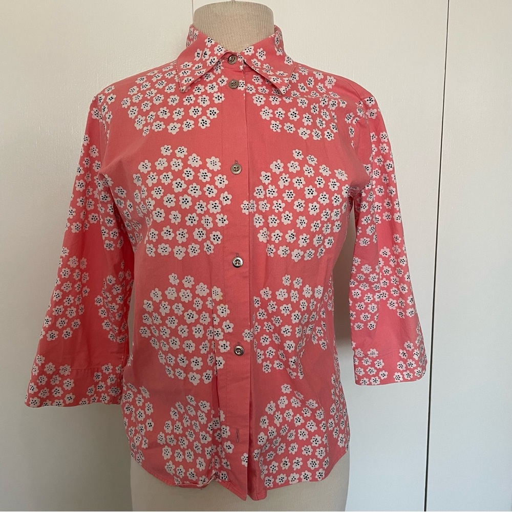 Marimekko Floral Button-Up Top in Coral Pink and White size M